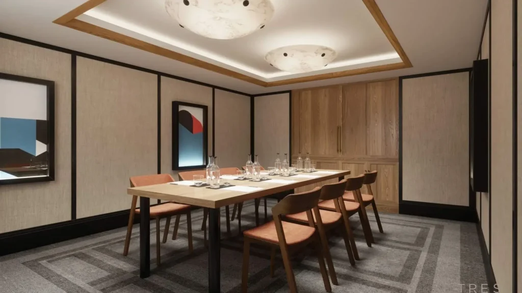 A modern conference room with a rectangular wooden table set for six, brown chairs, abstract wall art, and ceiling lights.